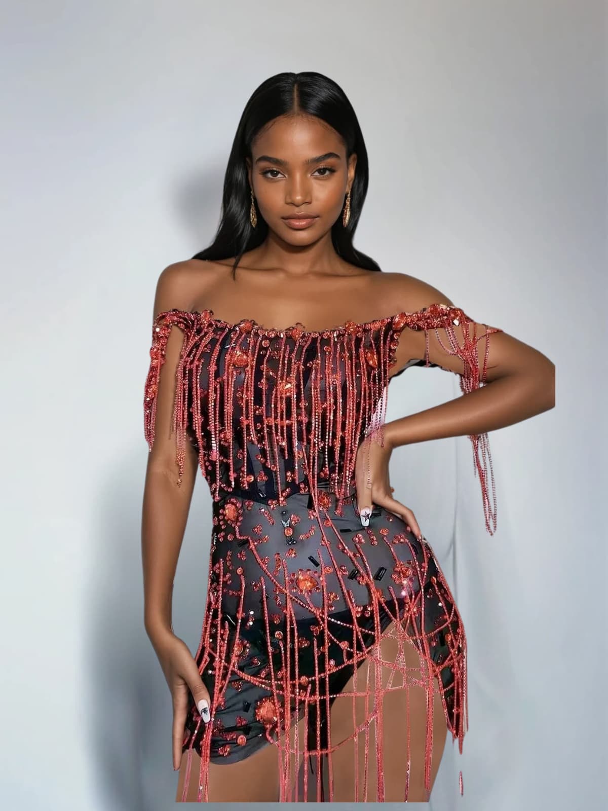 Lioriel Rhinestone Fringe Mini Dress