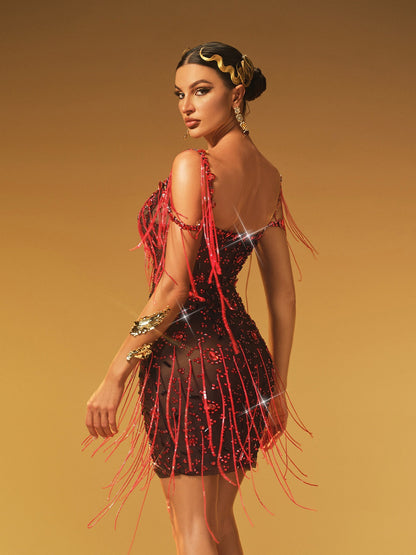 Lioriel Rhinestone Fringe Mini Dress