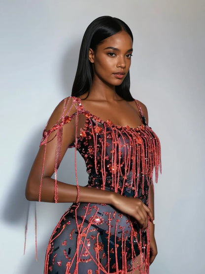 Lioriel Rhinestone Fringe Mini Dress