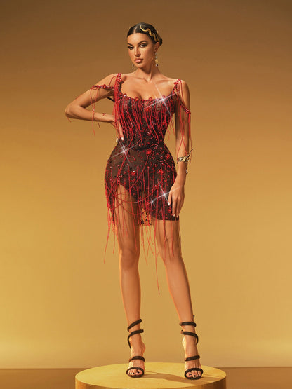 Lioriel Rhinestone Fringe Mini Dress