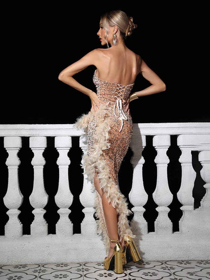 Lois Strapless Sequin Feather Trimmed Maxi Dress In Gold