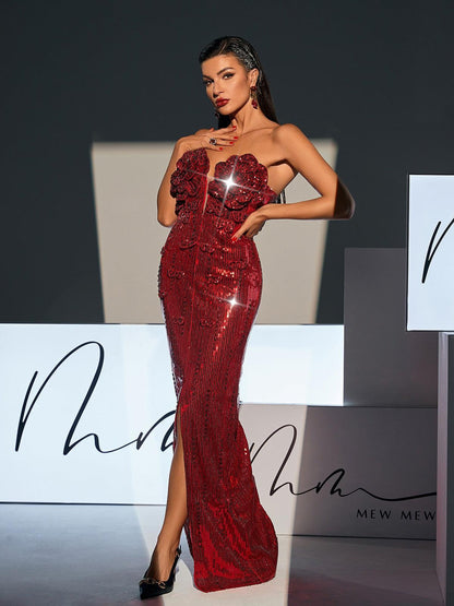 Lorelei Strapless Flower Sequin Split Dress In Wine