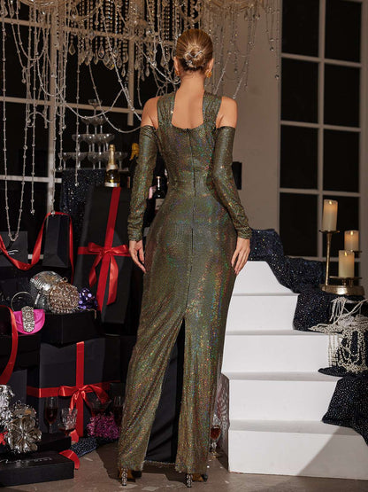 Lowen Flower Cutout Sequin Maxi Dress In Olive