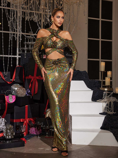 Lowen Flower Cutout Sequin Maxi Dress In Olive