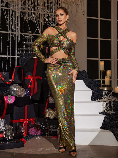 Lowen Flower Cutout Sequin Maxi Dress In Olive