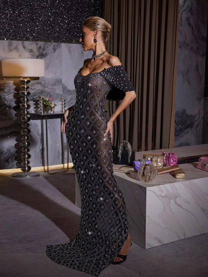 Lucca Rhinestone Mesh Maxi Dress