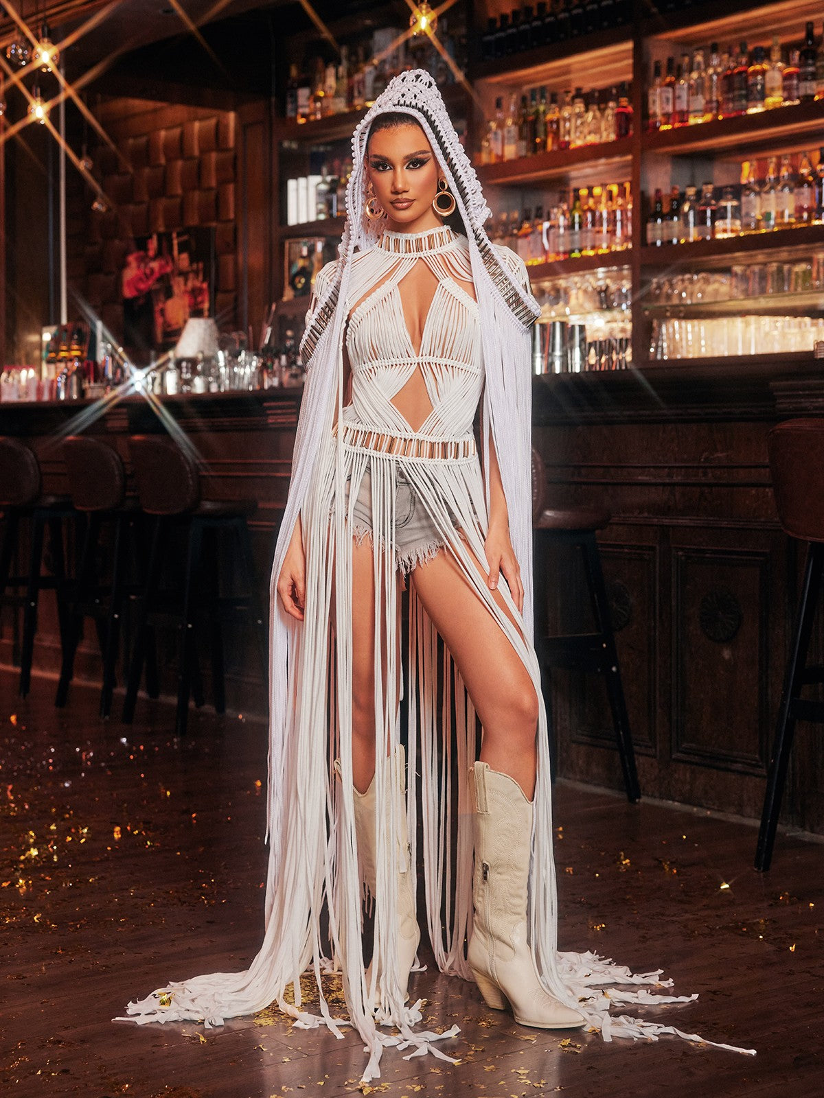 Luxyvar Fringe Knitted Hooded Cover Up In White