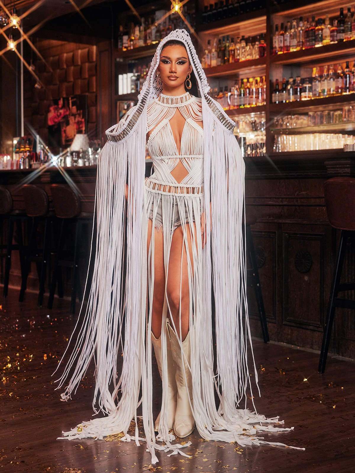 Luxyvar Fringe Knitted Hooded Cover Up In White