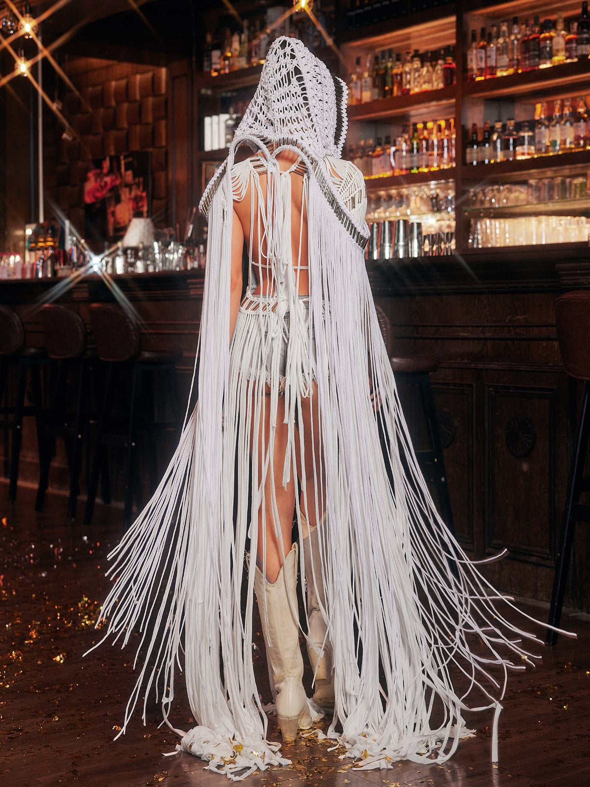 Luxyvar Fringe Knitted Hooded Cover Up In White