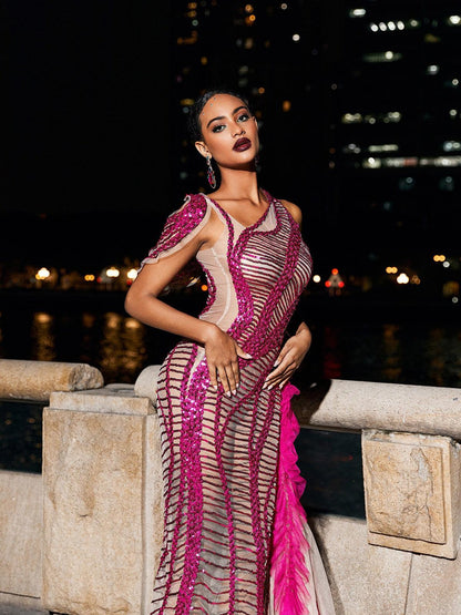 Lyda Draped Cutout Sequin Mesh Dress In Hot Pink