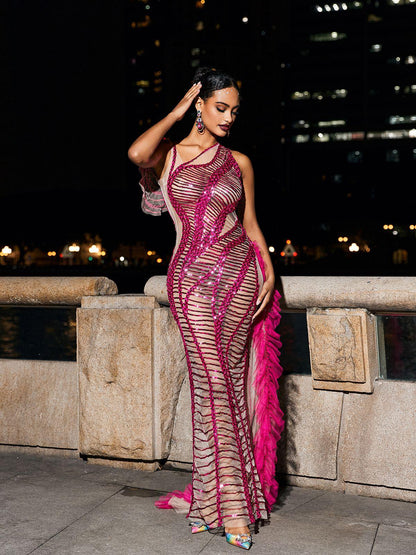 Lyda Draped Cutout Sequin Mesh Dress In Hot Pink
