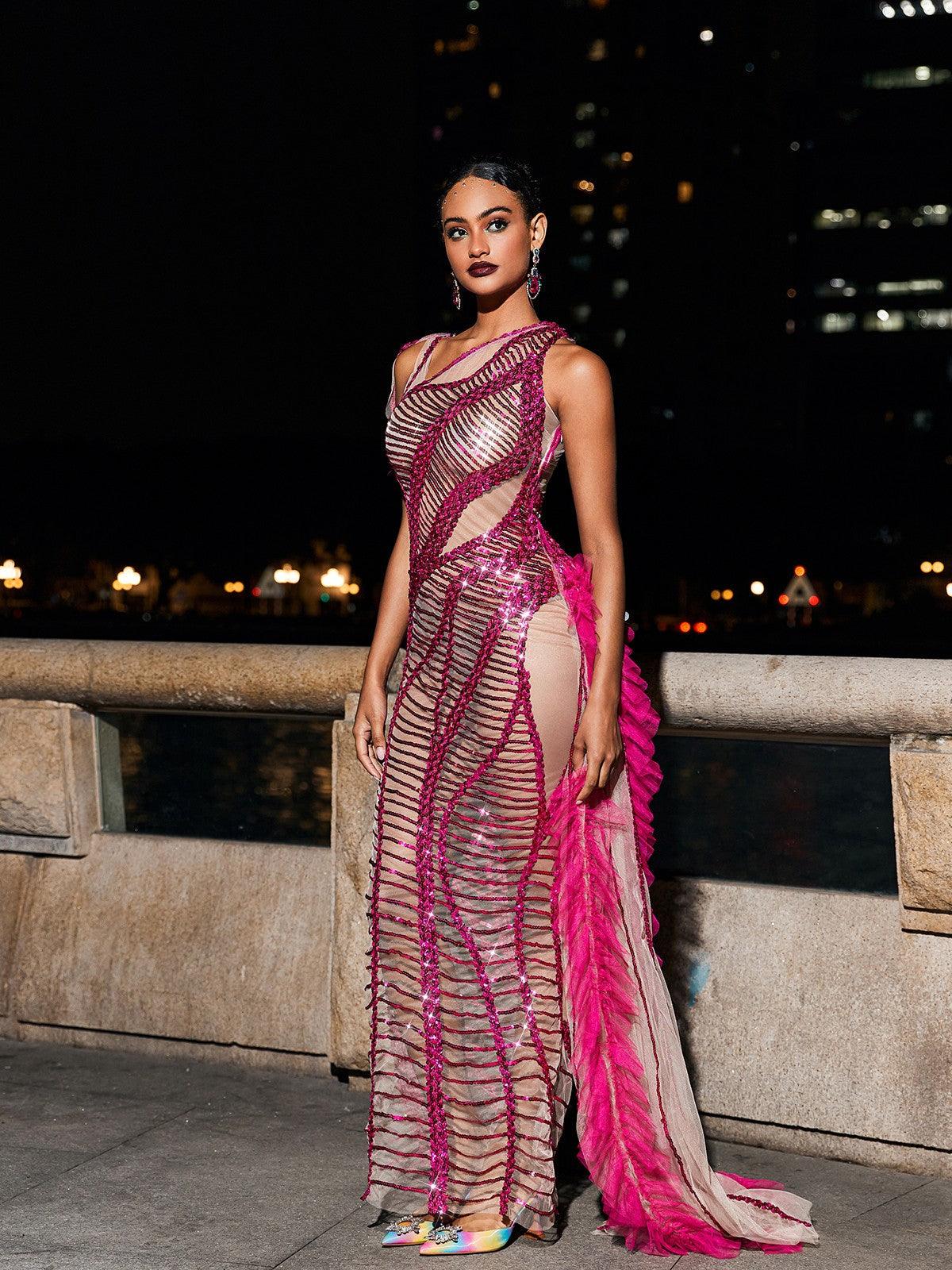 Lyda Draped Cutout Sequin Mesh Dress In Hot Pink