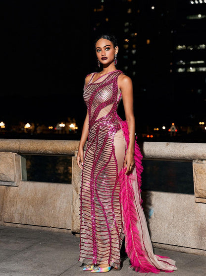 Lyda Draped Cutout Sequin Mesh Dress In Hot Pink