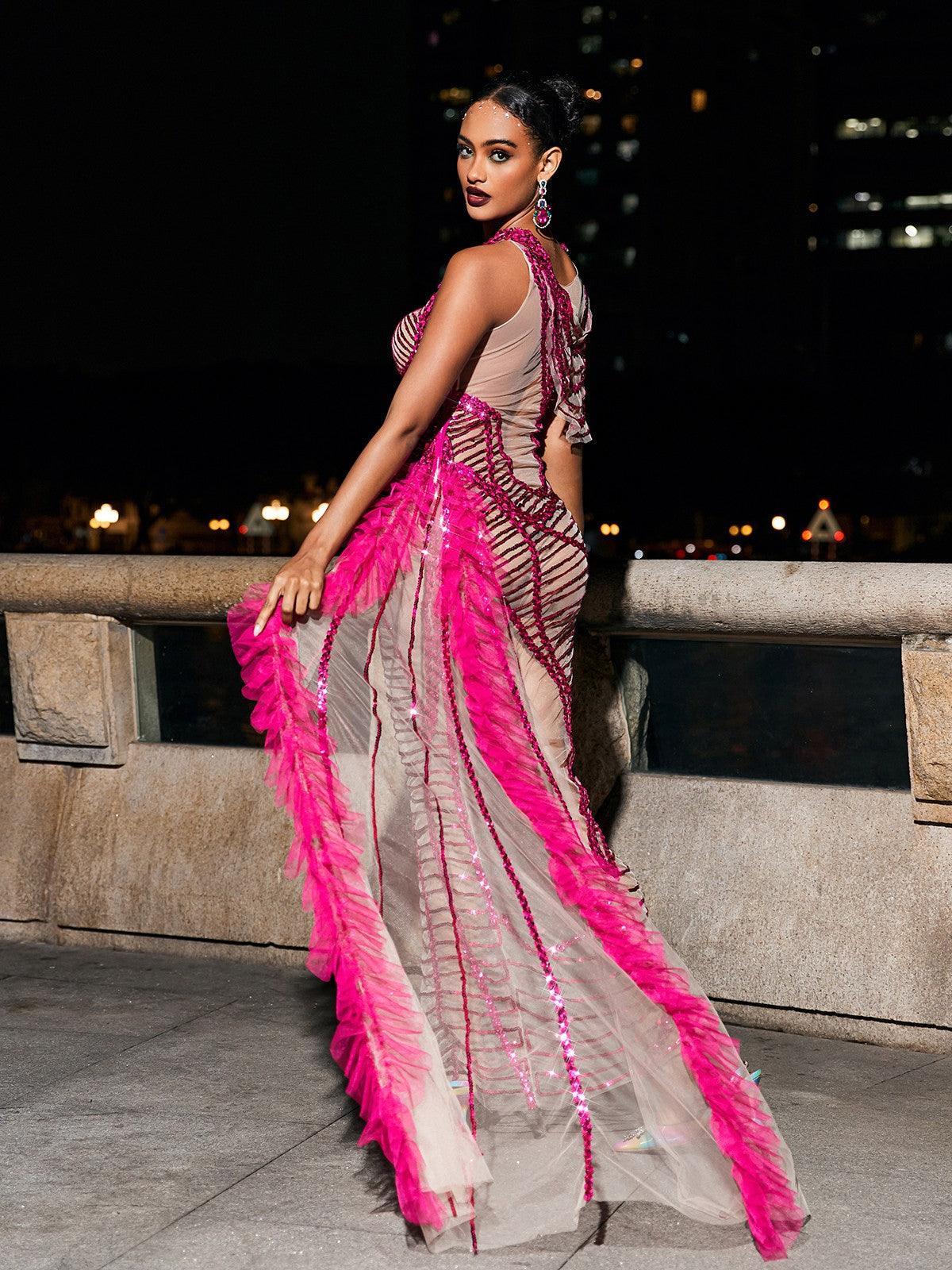 Lyda Draped Cutout Sequin Mesh Dress In Hot Pink