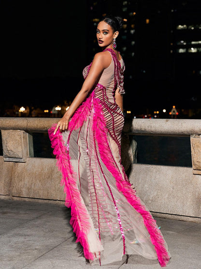 Lyda Draped Cutout Sequin Mesh Dress In Hot Pink