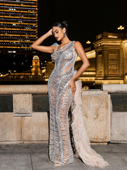 Lyda Draped Cutout Sequin Mesh Dress In Silver