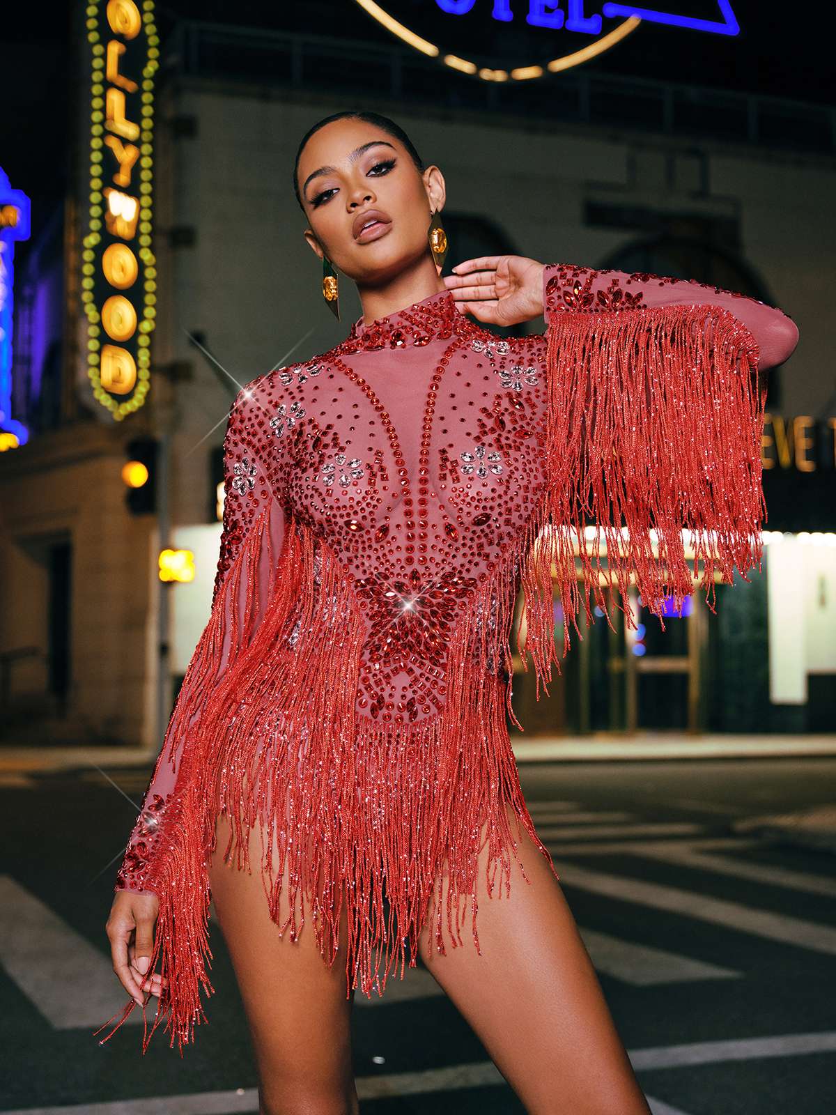 Macsen Rhinestone Fringe Bodysuit