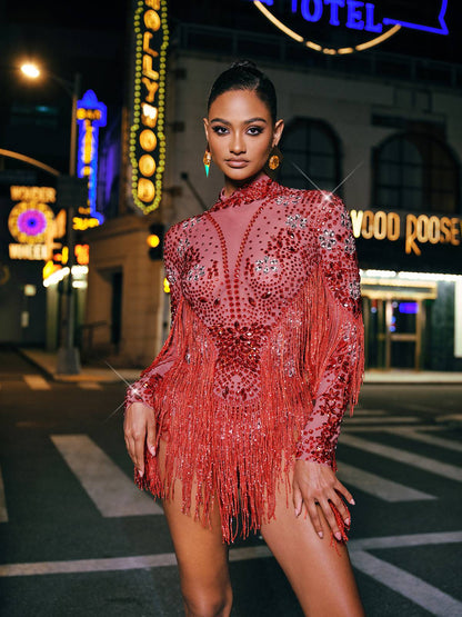 Macsen Rhinestone Fringe Bodysuit