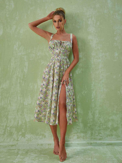 Maire Floral Split Midi Dress In Green