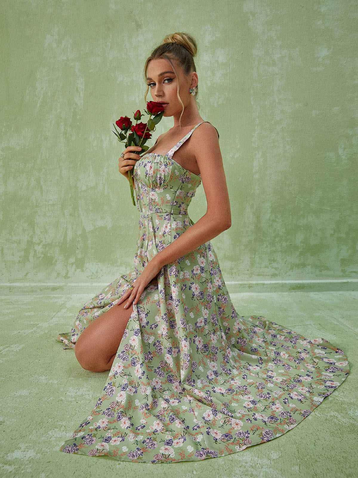 Maire Floral Split Midi Dress In Green