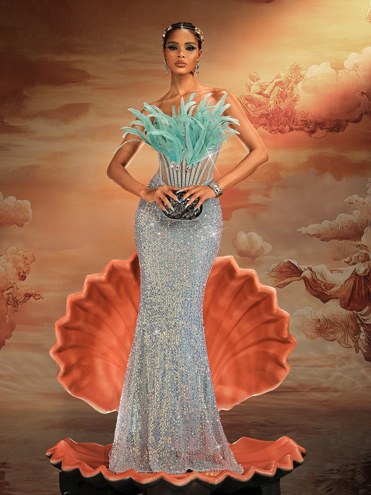 Mathis Strapless Feather Sequin Maxi Dress