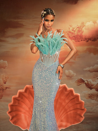 Mathis Strapless Feather Sequin Maxi Dress