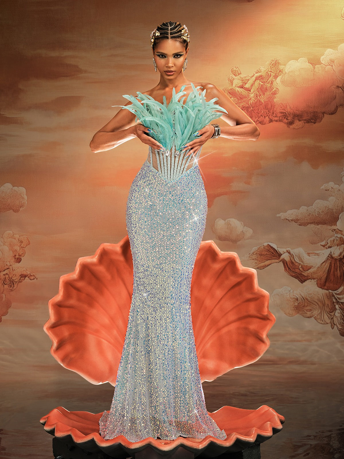 Mathis Strapless Feather Sequin Maxi Dress