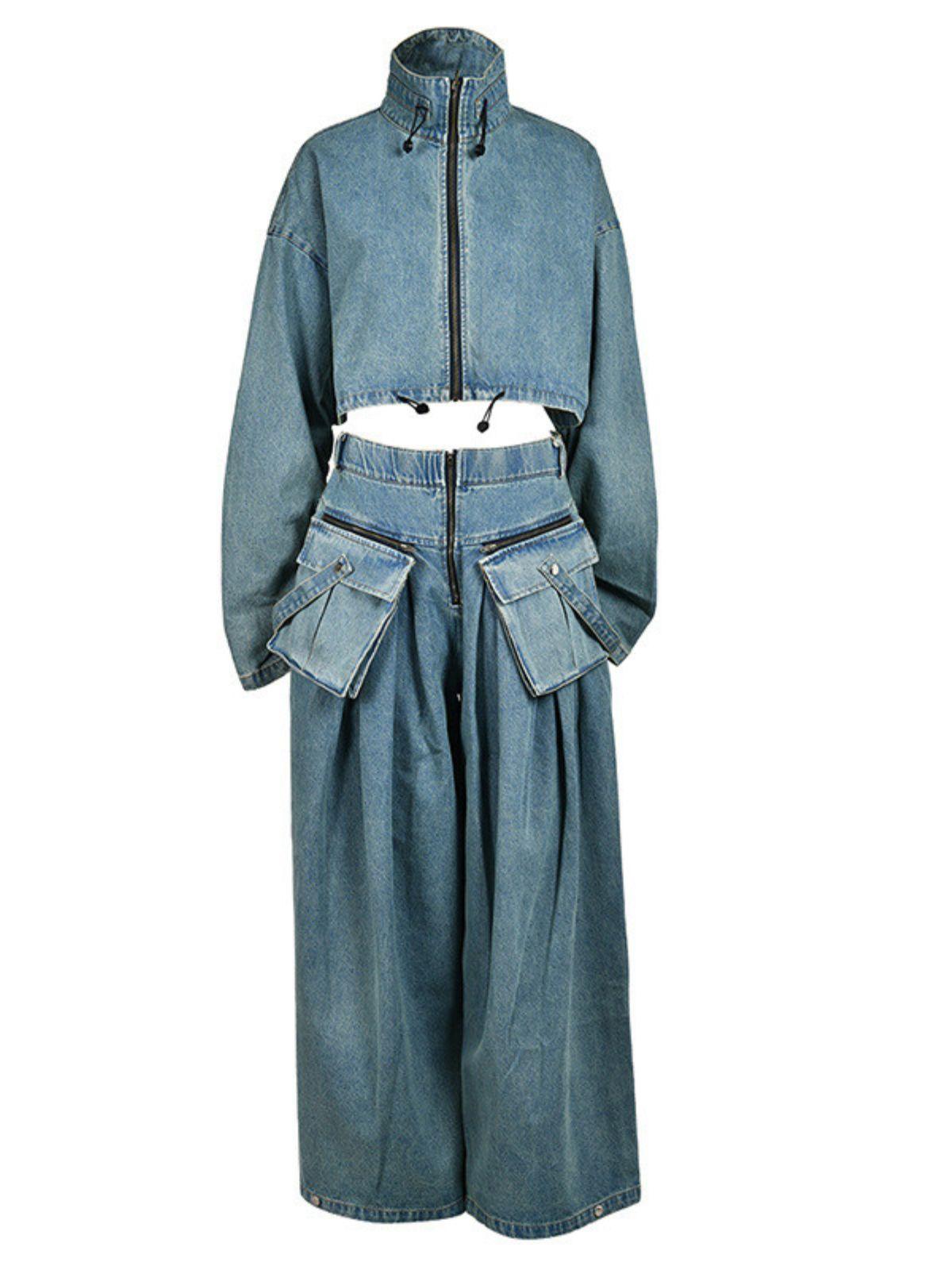 Maudie Pocket Wide Denim Pants Set