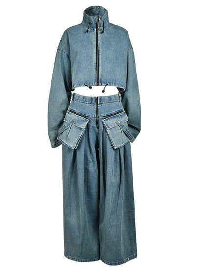 Maudie Pocket Wide Denim Pants Set