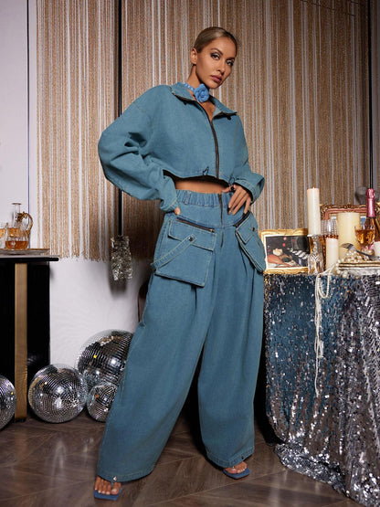 Maudie Pocket Wide Denim Pants Set