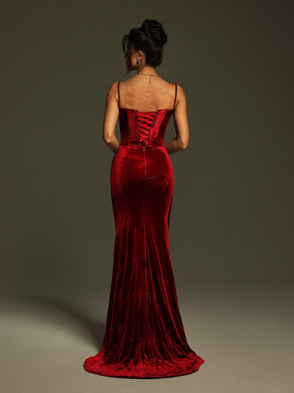 Mckay Spaghetti Flower Velvet Maxi Dress