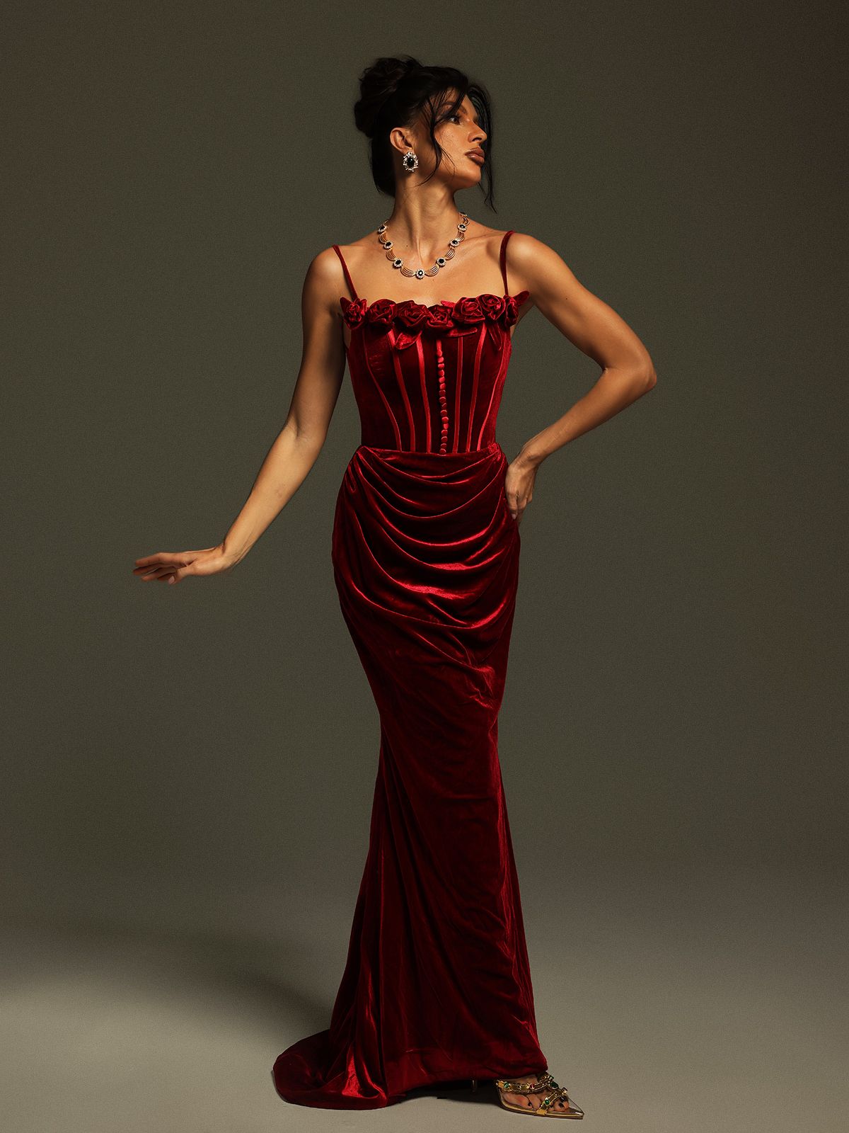 Mckay Spaghetti Flower Velvet Maxi Dress