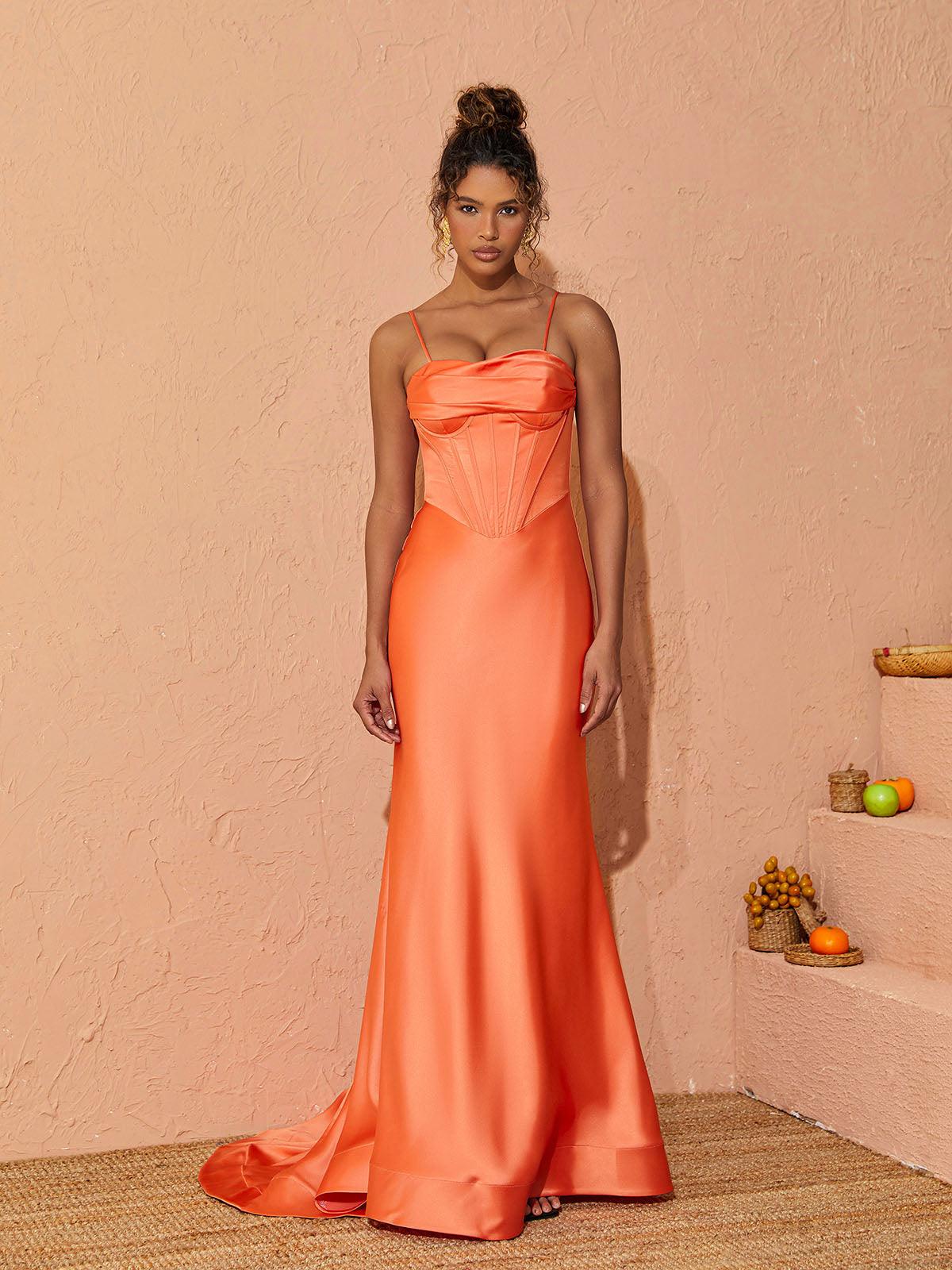 Meris Spaghetti Satin Maxi Dress In Orange