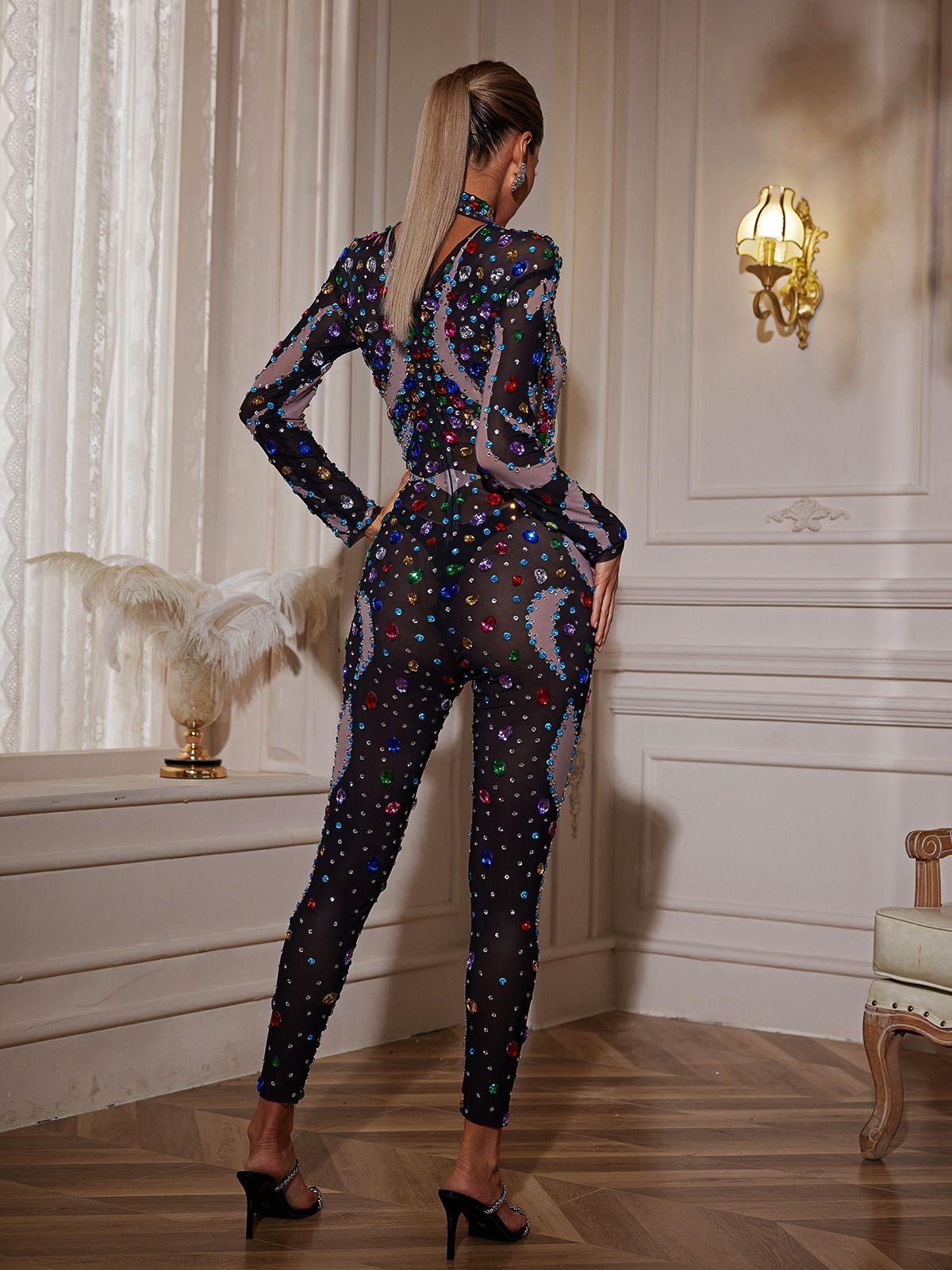 Mette High Neck Printed Rhinestone Jumpsuit