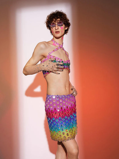 Micaiah Halterneck Rainbow Rhinestone Top Set