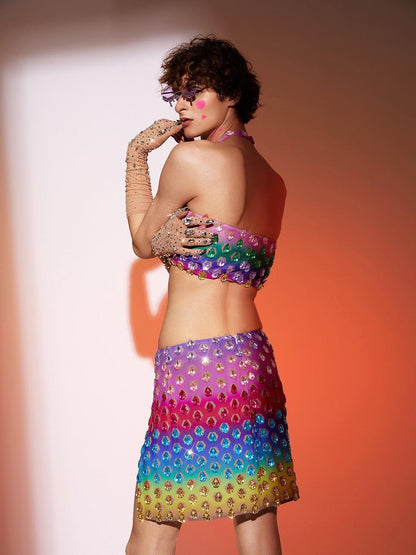Micaiah Halterneck Rainbow Rhinestone Top Set