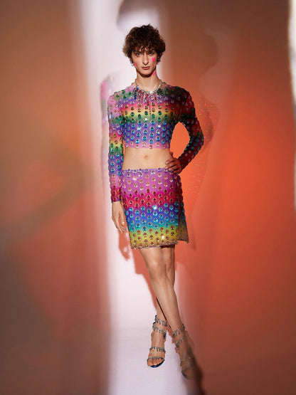 Micaiah Long Sleeve Rainbow Rhinestone Top Set