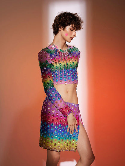 Micaiah Long Sleeve Rainbow Rhinestone Top Set