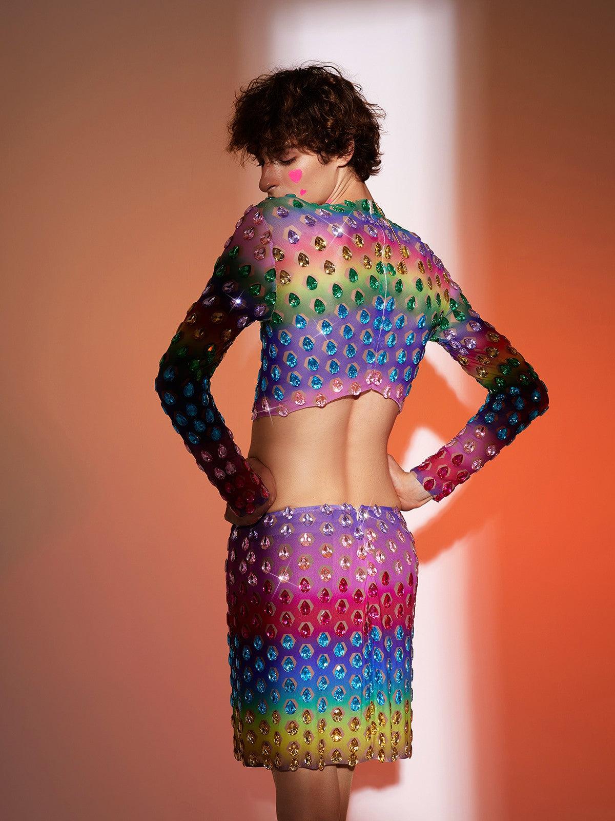 Micaiah Long Sleeve Rainbow Rhinestone Top Set