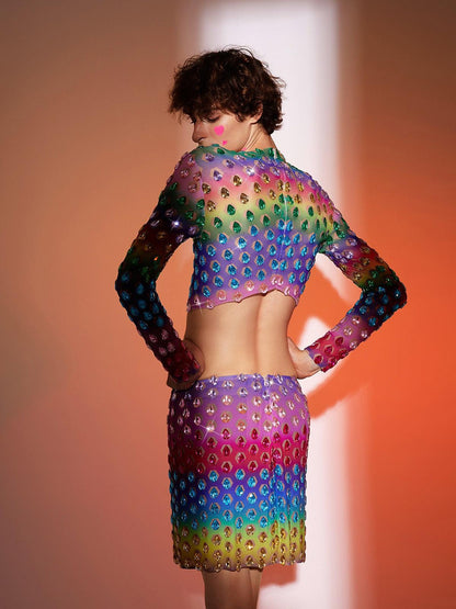 Micaiah Long Sleeve Rainbow Rhinestone Top Set