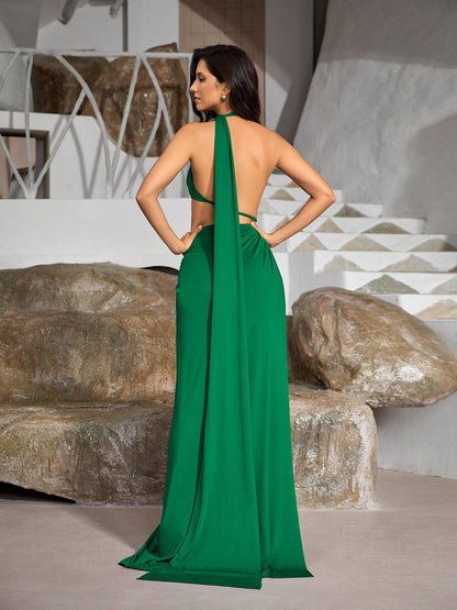 Mihi Draped Cutout Backless Maxi Dress In Green