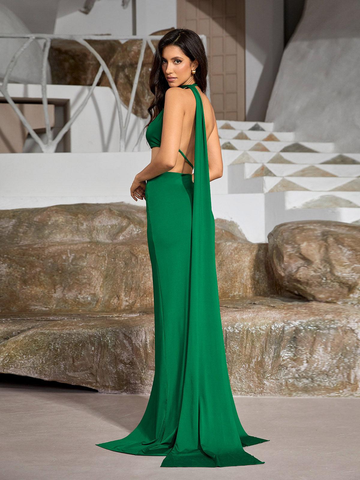 Mihi Draped Cutout Backless Maxi Dress In Green