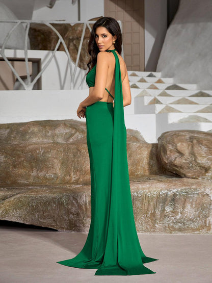 Mihi Draped Cutout Backless Maxi Dress In Green