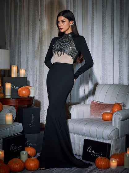 Mikki Long Sleeve Sequin Cobweb Maxi Dress