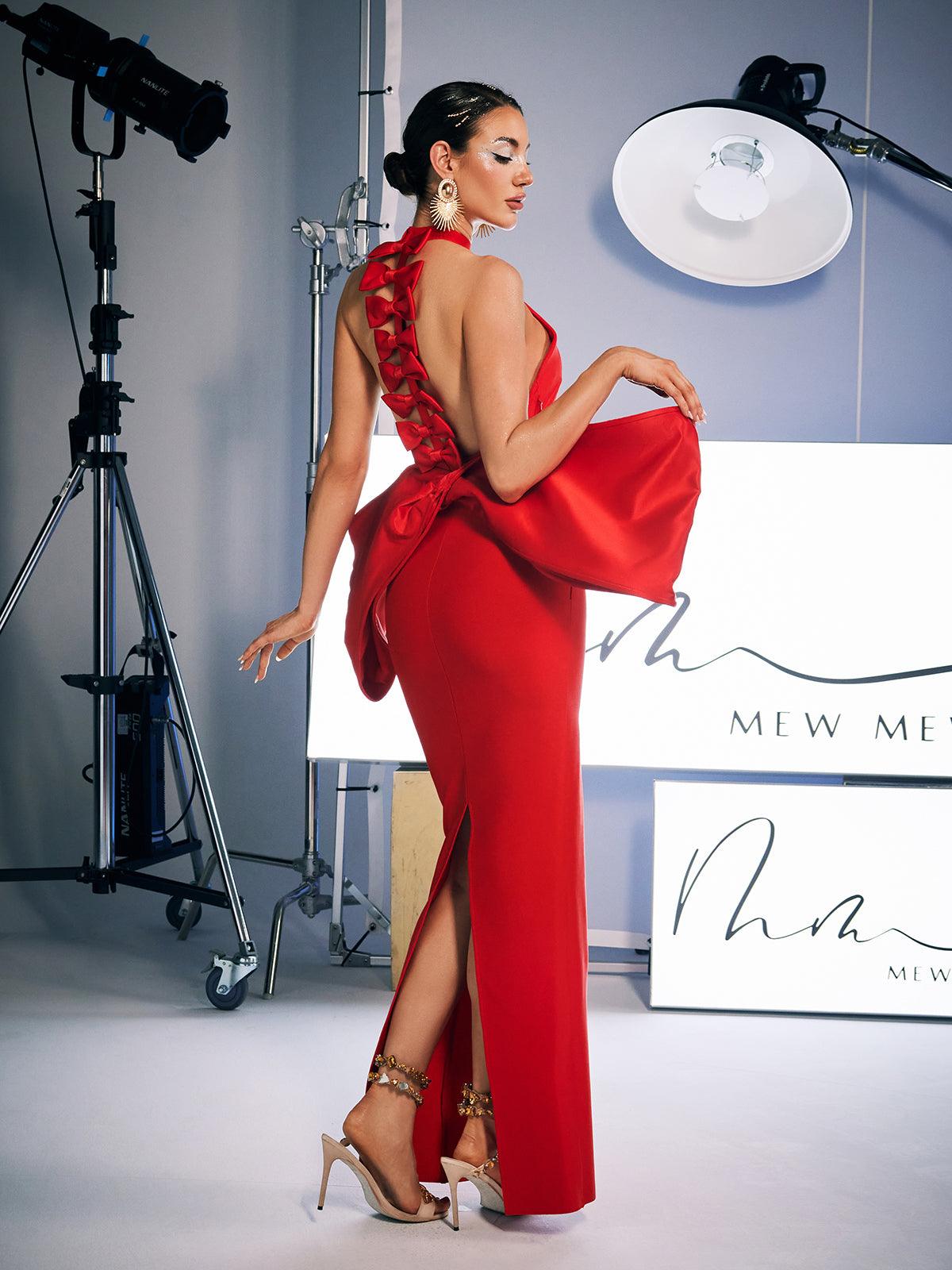 Milada Bow Bandage Split Dress In Red