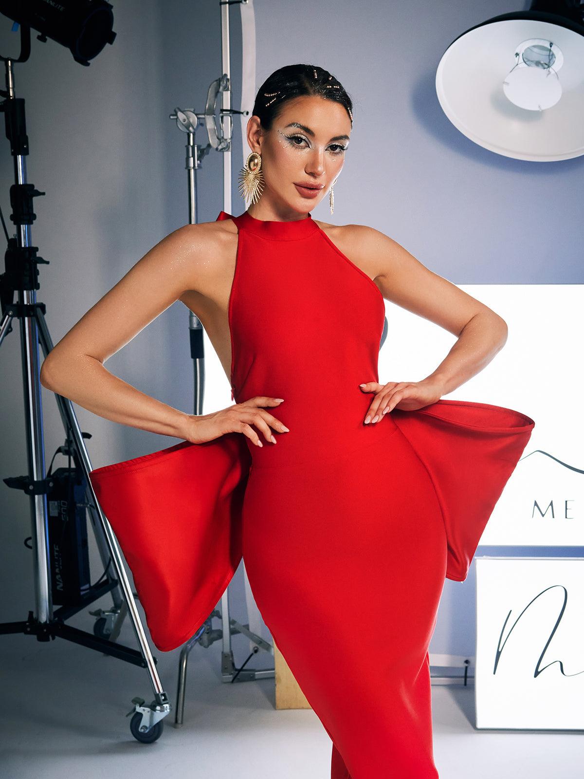 Milada Bow Bandage Split Dress In Red