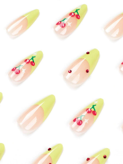 Cherry French Green Edge Press On Nails