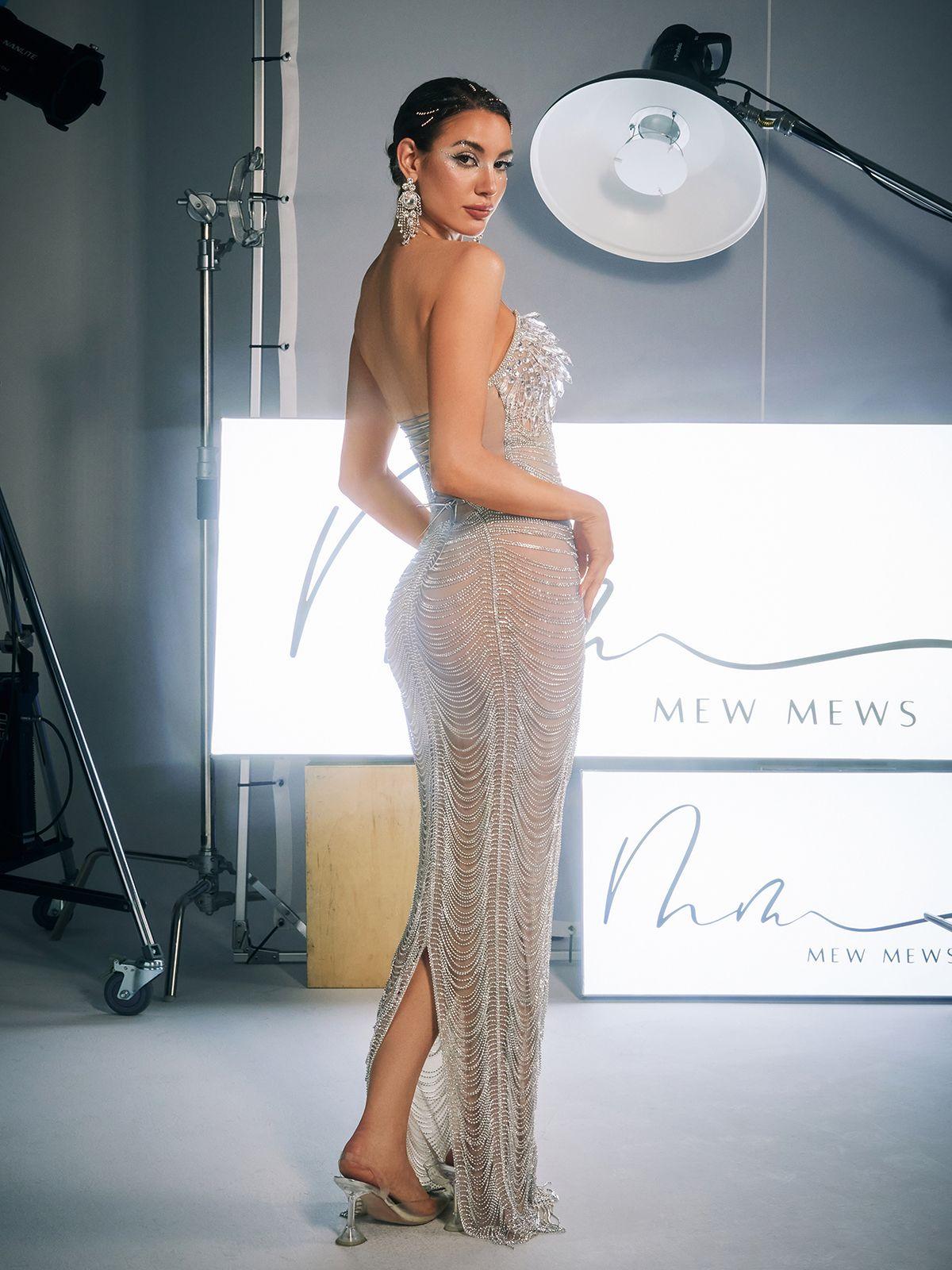 Misael Halterneck Crystal Chain Maxi Dress