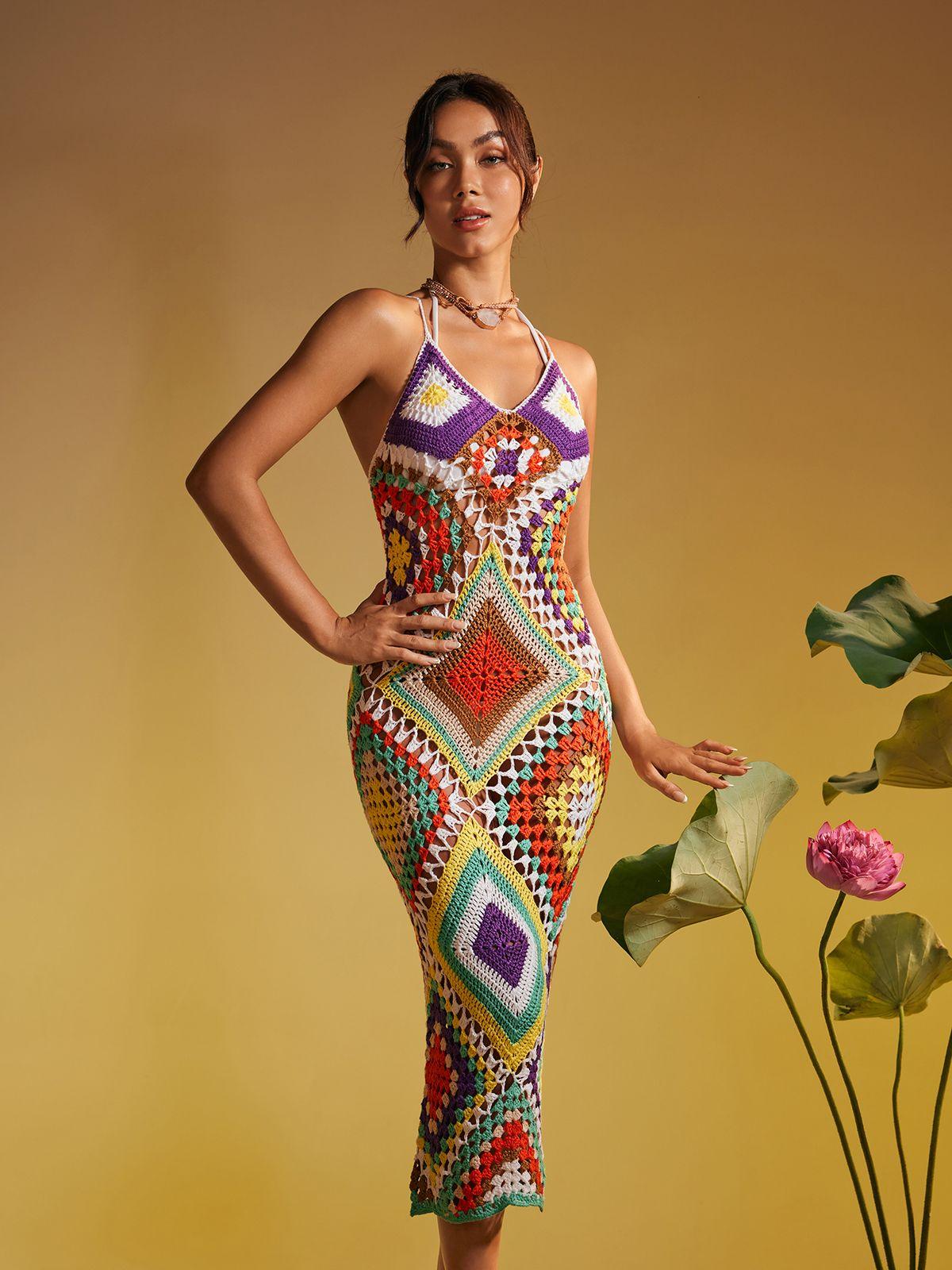 Monroe Spaghetti Printed Hollow Knitted Dress