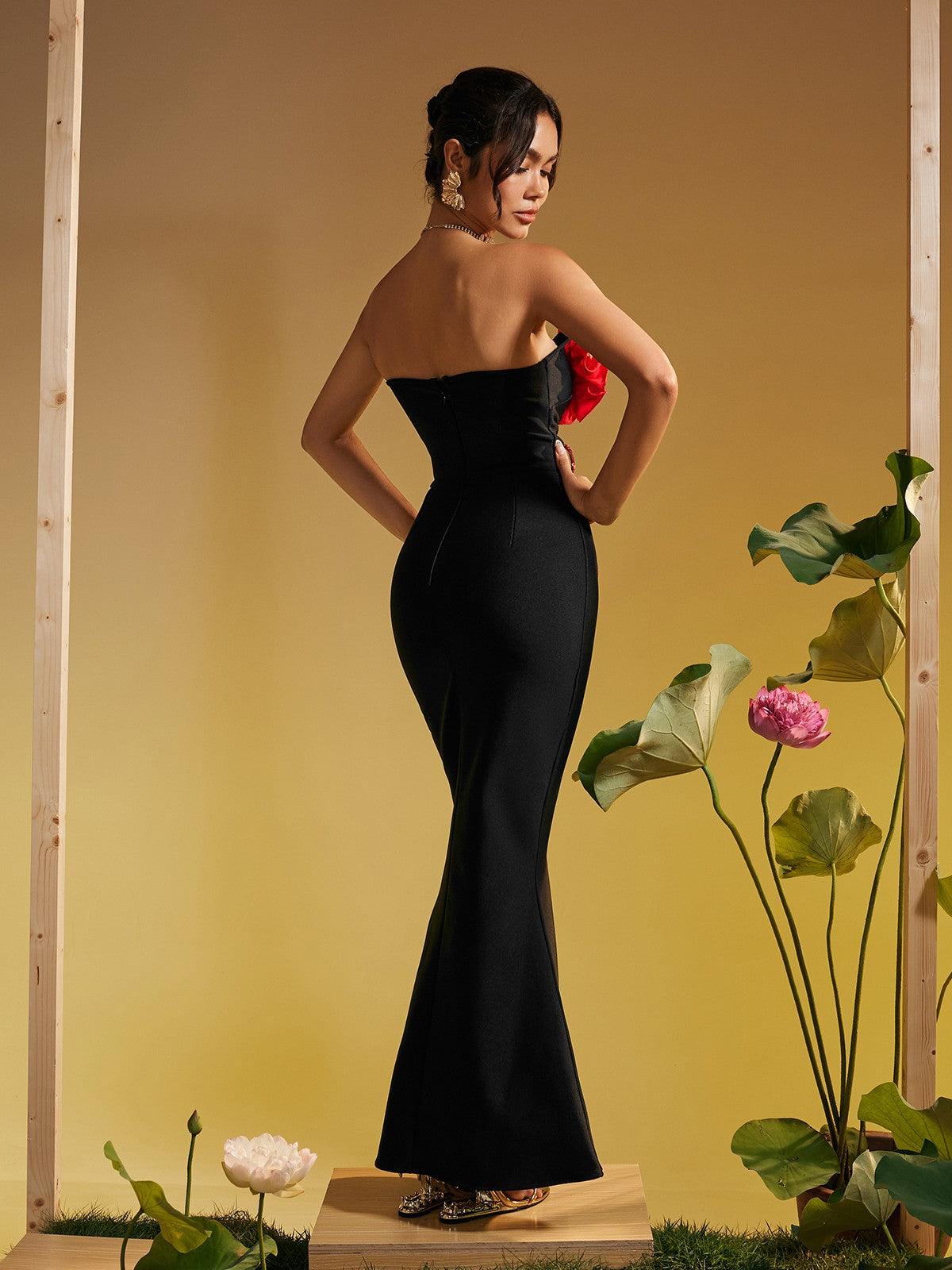 Musay Strapless Flower Crystal Maxi Dress